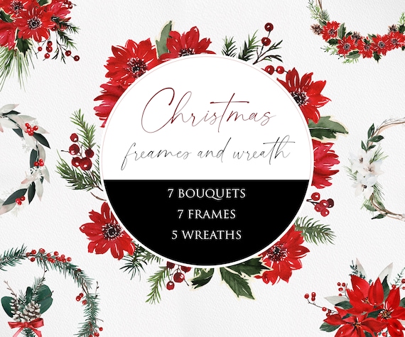 Christmas Wreath Clipart, Christmas bouquet, Christmas frame, Holiday Card Clipart, Watercolor Poinsettia, Christmas clipart