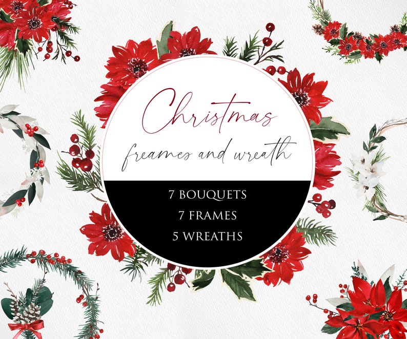 K&ouml;nnte beinhalten: Aquarell-Illustrationen von Weihnachtskr&auml;nzen, Rahmen und Blumenstr&auml;u&szlig;en mit roten Weihnachtssternen, gr&uuml;nen Kiefern&auml;sten und roten Beeren. Der Text "Christmas frames and wreath" wird in einem Kreis mit den Zahlen "7 bouquets, 7 frames, 5 wreaths" angezeigt.
