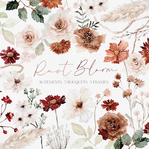 Puede incluir: Ilustración en acuarela de elementos florales en tonos óxido, burdeos, crema y verde. La imagen presenta rosas, margaritas y otras flores, junto con hojas y hierba de la pampa. El texto dice "Rust Bloom" y detalla el número de elementos, ramos y marcos.