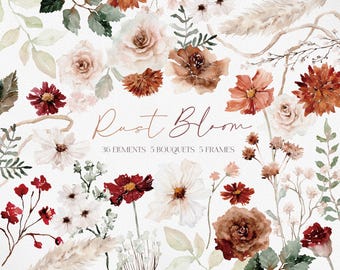 RUST BLOOM, Watercolor Fall Flower, Rustic Flower, Winter Bouquets, Watercolor Winter Boho Floral, Flower Clipart, Boho Dried Flower