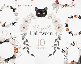 May include: Watercolor illustrations of elegant Halloween frames. The image features a black cat, pumpkins, bats, and floral arrangements. The text "Elegant Halloween" and "10 Frames" are also included in the image.