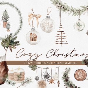 Clipart de Noël confortable, Clipart d’ornements, Clipart de Noël, Boho Noël, Clipart d’aquarelle, Aquarelle de Noël, Couronne de Noël