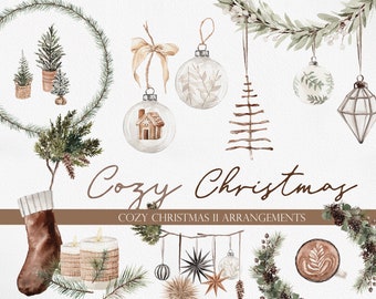 Cozy Christmas Clipart, Ornaments Clipart, Christmas Clipart, Boho Christmas, Watercolor Clipart, Watercolor Christmas, Christmas Wreath
