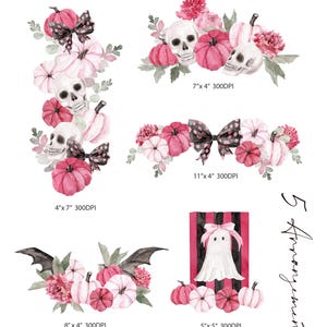 May include: Watercolor illustrations of Halloween-themed arrangements. The designs feature pink and white pumpkins, skulls, bows, bats, and flowers. The text on the image reads: 4"x7" 300DPI, 7"x 4" 300DPI, 11"x 4" 300DPI, 8" x 4" 300DPI, 5"x 5" 300DPI, and 5 Arrangements.