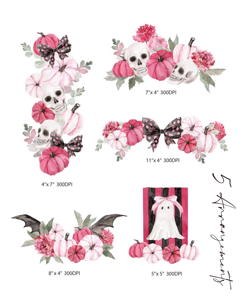 May include: Watercolor illustrations of Halloween-themed arrangements. The designs feature pink and white pumpkins, skulls, bows, bats, and flowers. The text on the image reads: 4"x7" 300DPI, 7"x 4" 300DPI, 11"x 4" 300DPI, 8" x 4" 300DPI, 5"x 5" 300DPI, and 5 Arrangements.
