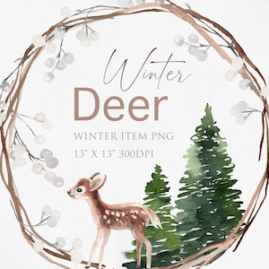 Aquarell Winter Clipart, Reh Clipart, Baby Reh, Weihnachten Clipart, Kranz Clipart, Aquarell Kranz, Winter Objekt, Weihnachtsdeko
