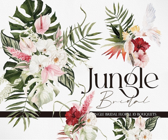 Jungle Bridal, Watercolor clipart, Watercolor flower, Summer clipart, Monstera Clipart, Summer Wedding, Tropical Clipart, Pampass Clipart