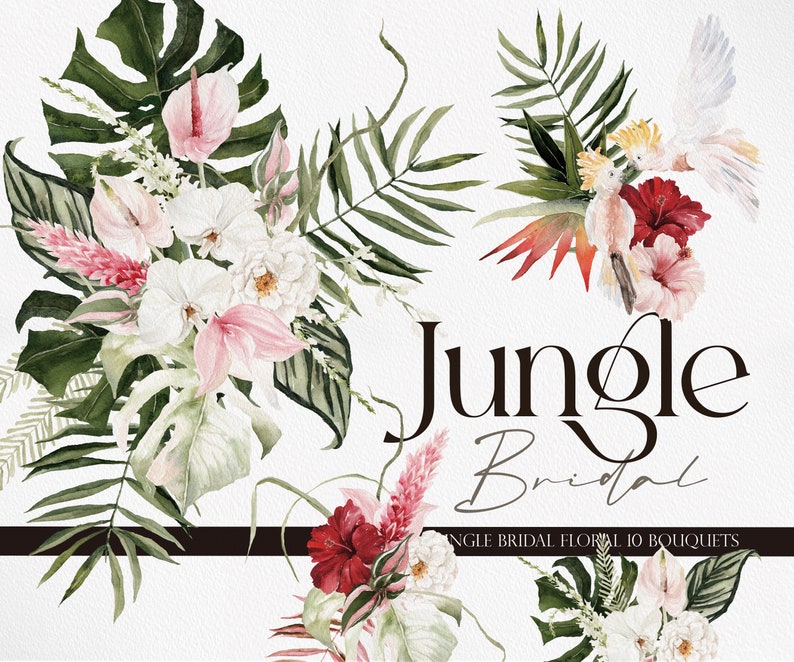 Jungle Bridal, Watercolor clipart, Watercolor flower, Summer clipart, Monstera Clipart, Summer Wedding, Tropical Clipart, Pampass Clipart image 1
