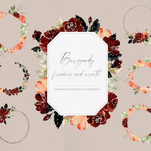 Fleur d’aquarelle PNG, Couronne de fleurs, Cadre d’aquarelle, Bouquet d’aquarelle, Invitation de mariage, Fleur de Bourgogne, Clipart de fleur