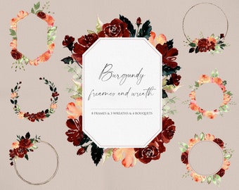 Watercolor flower PNG, Flower Wreath, Watercolor Frame, Watercolor Bouquet, Wedding invitation, Burgundy Flower, Flower clipart