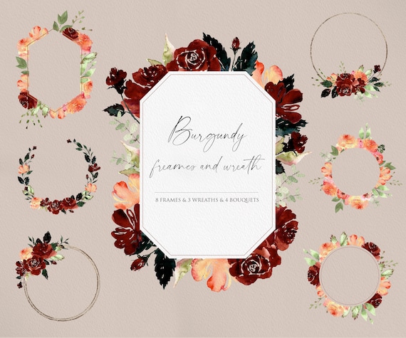 Watercolor flower PNG, Flower Wreath, Watercolor Frame, Watercolor Bouquet, Wedding invitation, Burgundy Flower, Flower clipart