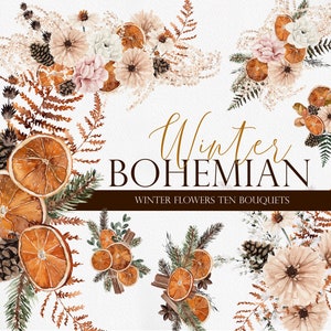 Bouquets Boho d’hiver, Boho d’hiver, Fleur de Boho, Orange séchée, Clipart de Noël, Clipart d’agrumes, Fleur de Boho d’hiver, Clipart d’aquarelle
