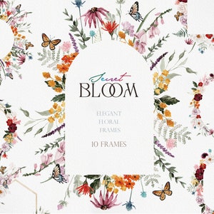Aquarelle de fleurs, SECRET BLOOM, fleurs sauvages aquarelles, clipart floral aquarelle, clipart fleurs sauvages, papillon aquarelle