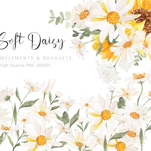 Aquarel Clipart, Daisy Boeket, Bloemstukken, Zon bloem Clipart, Hand geschilderde Daisy, Bruiloft Clipart, Floral Aquarel