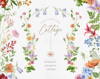 Watercolor Wildflower Clipart, Cottage Garden Flower PNG Elements, Floral Bouquets for Wedding Invitations