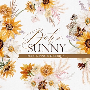 BOHO ENSOLARADO, Clipart de Girassol em Aquarela, Flor Boho em Aquarela, Clipart de Girassol Boho, Flor Silvestre Boho em Aquarela, Girassol Selvagem Boho