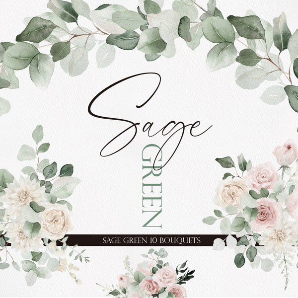 Sage Green Flower, Watercolor Botanical art, Watercolor Leaf, Wedding Flower, Watercolor Bouquets, Sage Green Bouquets, Eucalyptus Clipart