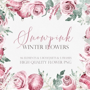 Flor rosa neve, flor de inverno, flor aquarela, convite de casamento, clipart de rosa, Natal rosa, clipart de flores, buquês rosa