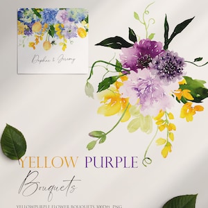 May include: Watercolor painting of a bouquet of yellow and purple flowers. The flowers are arranged in a loose, natural style. The painting is set against a white background. The text "YELLOW PURPLE Bouquets" is written below the painting. The text "YELLOWPURPLE FLOWER BOUQUETS 300DPI PNG" is written below the text.