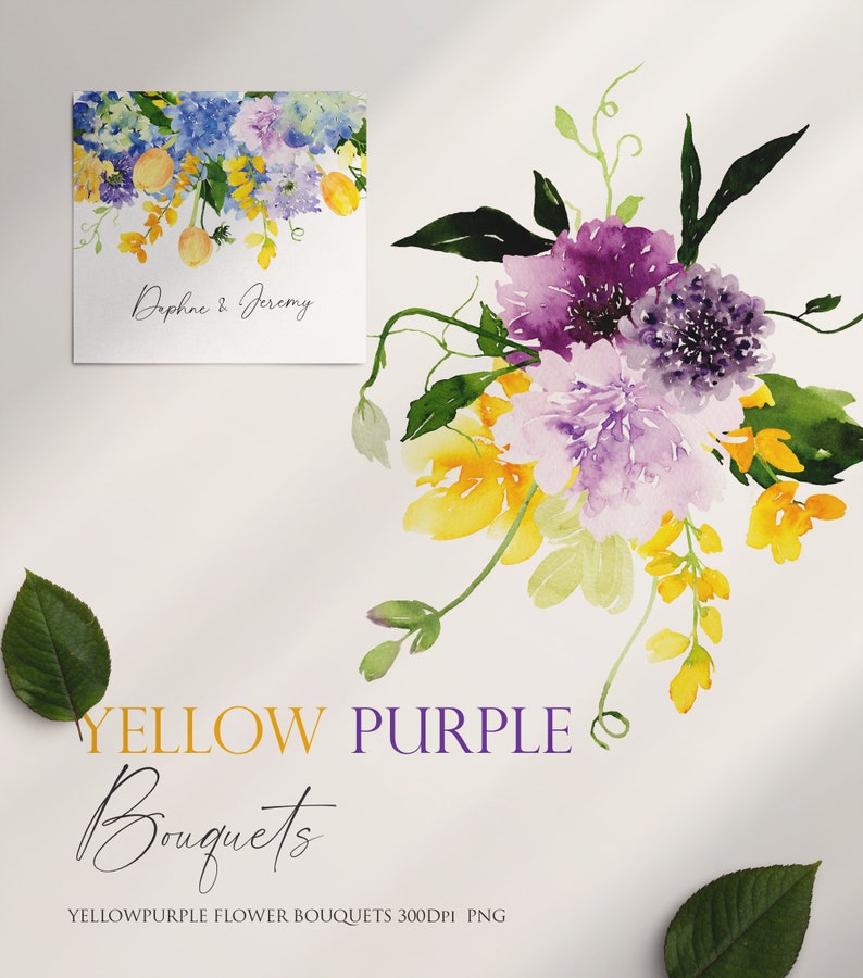 May include: Watercolor painting of a bouquet of yellow and purple flowers. The flowers are arranged in a loose, natural style. The painting is set against a white background. The text "YELLOW PURPLE Bouquets" is written below the painting. The text "YELLOWPURPLE FLOWER BOUQUETS 300DPI PNG" is written below the text.