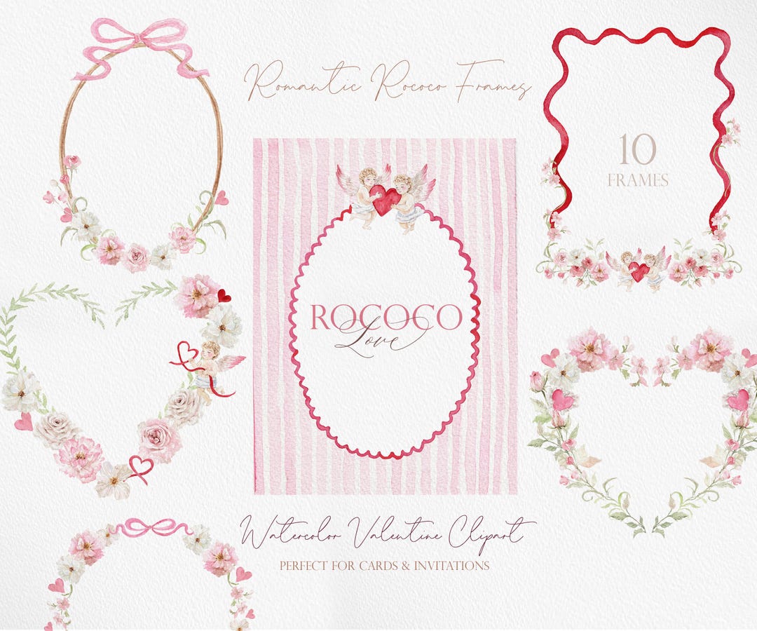 ROCOCO LOVE, Watercolor Valentine Day Clipart, Pink Heart, Rococo Roses ...