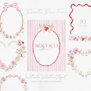 May include: A collection of watercolour Rococo frames in pink and gold, featuring oval, heart, and ribbon designs. Adorned with flowers, hearts, and cherubs. Text includes "Romantic Rococo Frames" and "Watercolor Valentine Clipart".