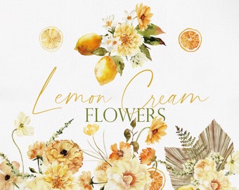 May include: Watercolor illustration of a bouquet of yellow, white, and orange flowers with lemons and the text "Lemon Cream Flowers".
