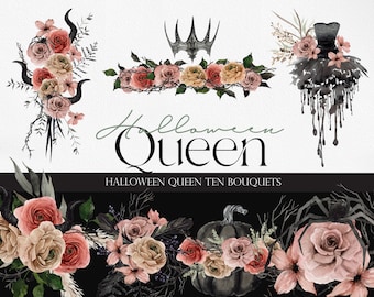 May include: Ten watercolor bouquets featuring a Halloween theme. The bouquets include roses, thorns, pumpkins, spiders, and a crown. The bouquets are in shades of pink, red, black, and white.