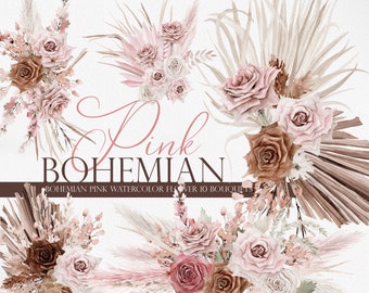 Boho Pink Flowers, Watercolor Flower, Boho Flower PNG, Bohemian Pink Flower, Pink Boho Bouquets, Watercolor Flower Clipart, Pink Boho
