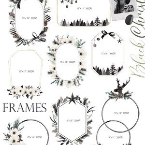 Puede incluir: Un conjunto de 10 marcos navide&ntilde;os de acuarela en blanco y negro de diferentes formas y tama&ntilde;os. Los marcos est&aacute;n decorados con ramas de pino, pi&ntilde;as, bayas y flores blancas. Los marcos son perfectos para agregar un toque de elegancia a tu decoraci&oacute;n navide&ntilde;a.