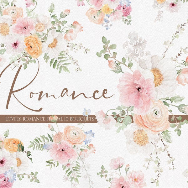 Romance floral, imágenes prediseñadas de acuarela, flor de acuarela PNG, flor de boda, flor de primavera, flor de primavera de acuarela, ramo de acuarela