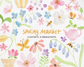 SPRING MARKET, Watercolor Spring Flower, Spring Flower Clipart, Watercolor Spring Clipart, Mother's Day Clipart, Moms day