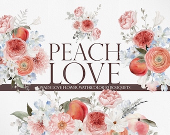 PEACH LOVE, Watercolor Spring Clipart, Spring Bouquets, Peach Clipart, Watercolor Flower, Watercolor Bouquet, Peach Flower PNG, PeachPink