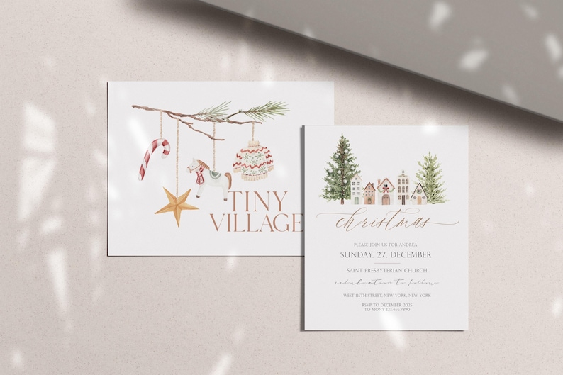 May include: Two Christmas-themed cards. One features watercolor illustrations of holiday ornaments hanging from a branch, with the text "Tiny Village." The other card has a Christmas tree and houses with the word "Christmas."