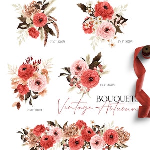 Puede incluir: Cinco ilustraciones de acuarela de ramos de flores rojas y rosas con hojas y ramas marrones. Los ramos est&aacute;n dispuestos en c&iacute;rculo con el texto "BOUQUETS Vintage Autumn" en el centro. Las ilustraciones son de varios tama&ntilde;os, que van de 17,8 cm a 25,4 cm.