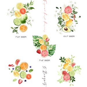 May include: Five watercolor illustrations of tropical fruit bouquets. Each bouquet features a variety of fruits, including oranges, grapefruits, limes, lemons, kiwi, and strawberries. The bouquets are arranged in a circular shape and are surrounded by green leaves and white flowers. The text "Tropical Fresh Flowers" and "5 Bouquets" is included in the image.