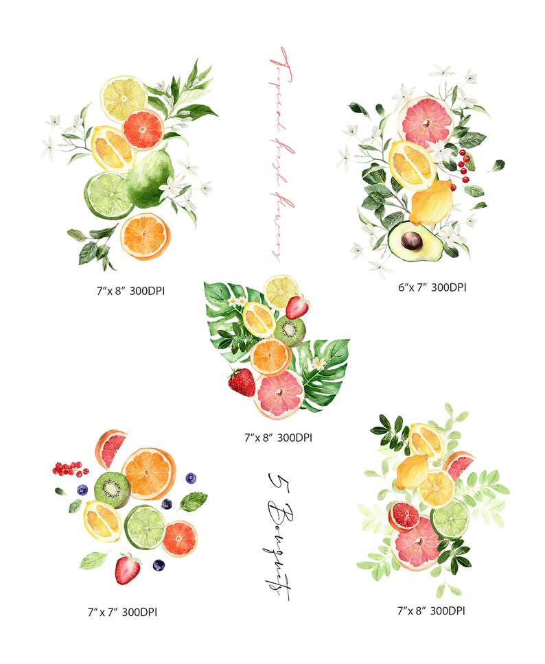 May include: Five watercolor illustrations of tropical fruit bouquets. Each bouquet features a variety of fruits, including oranges, grapefruits, limes, lemons, kiwi, and strawberries. The bouquets are arranged in a circular shape and are surrounded by green leaves and white flowers. The text "Tropical Fresh Flowers" and "5 Bouquets" is included in the image.