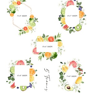 May include: Five watercolor frames featuring a variety of fruits, including limes, oranges, grapefruits, kiwi, and lemons. The frames are in different shapes, including a hexagon, a circle, and a diamond. The text "5 Frames" is written in cursive on the bottom right of the image.