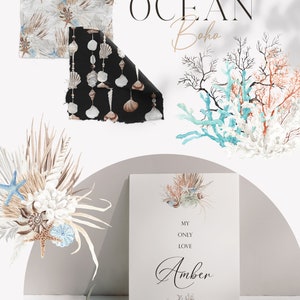 May include: A set of digital watercolor illustrations featuring ocean-themed elements, including seashells, starfish, coral, and seaweed. The illustrations are perfect for creating invitations, cards, and other creative projects.