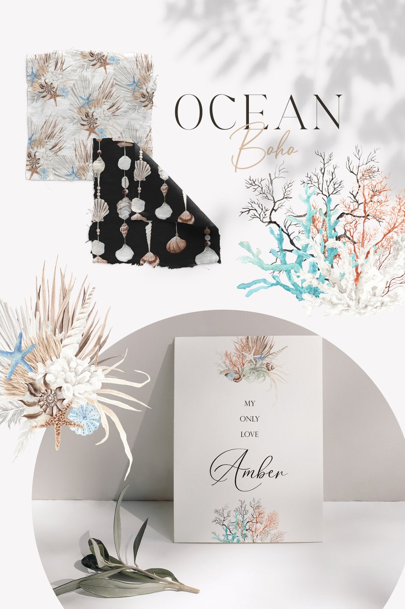 May include: A set of digital watercolor illustrations featuring ocean-themed elements, including seashells, starfish, coral, and seaweed. The illustrations are perfect for creating invitations, cards, and other creative projects.