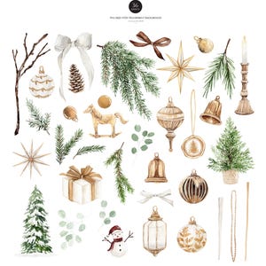 May include: A collection of 36 watercolor Christmas elements including pine branches, white and gold ornaments, a rocking horse, a snowman, gift boxes, bows, bells, a candle in a holder, and evergreen trees, all presented as individual digital graphic assets.