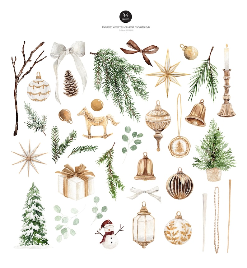May include: A collection of 36 watercolor Christmas elements including pine branches, white and gold ornaments, a rocking horse, a snowman, gift boxes, bows, bells, a candle in a holder, and evergreen trees, all presented as individual digital graphic assets.