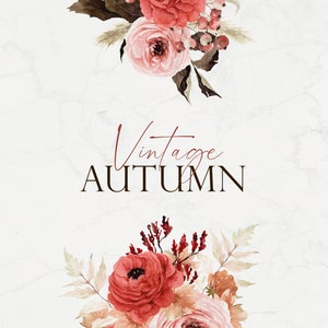 Puede incluir: Texto Vintage Oto&ntilde;o con dos arreglos florales de acuarela con rosas rojas y rosas, hojas y bayas sobre un fondo de m&aacute;rmol blanco.