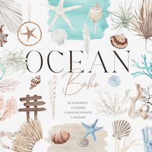 OCEAN Boho, Summer Clipart, Ocean Clipart, Coral clipart, Watercolor Clipart, Watercolor Beach, Watercolor Ocean, Watercolor Summer Boho