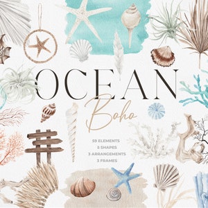 OCEAN Boho, Summer Clipart, Clipart océan, corail clipart, Clipart aquarelle, aquarelle plage, aquarelle océan, aquarelle été Boho
