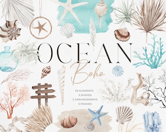 OCEAN Boho, Summer Clipart, Ocean Clipart, Coral clipart, Watercolor Clipart, Watercolor Beach, Watercolor Ocean, Watercolor Summer Boho