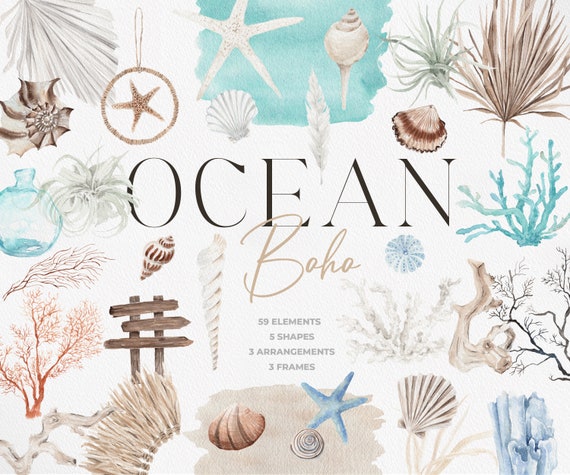OCEAN Boho, Summer Clipart, Ocean Clipart, Coral clipart, Watercolor Clipart, Watercolor Beach, Watercolor Ocean, Watercolor Summer Boho