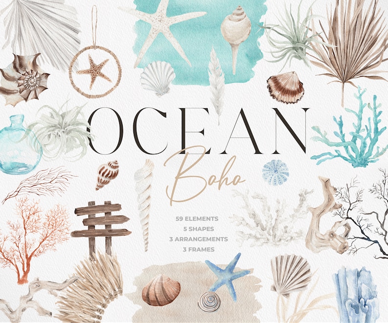 OCEAN Boho, Summer Clipart, Ocean Clipart, Coral clipart, Watercolor Clipart, Watercolor Beach, Watercolor Ocean, Watercolor Summer Boho image 1