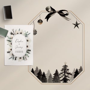 Puede incluir: Una ilustraci&oacute;n de acuarela en blanco y negro de un &aacute;rbol de Navidad con una estrella en la cima, rodeado de un bosque de &aacute;rboles. La ilustraci&oacute;n est&aacute; dentro de un marco octogonal negro con un lazo negro y adornos dorados y negros colgando de la parte superior. El texto "Chic Black Christmas Object" est&aacute; escrito en cursiva verde en el lado derecho de la imagen.