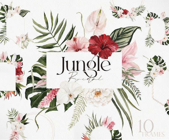 Jungle Bridal, Watercolor clipart, Watercolor flower, Summer clipart, Monstera Clipart, Summer Wedding, Tropical Clipart, Pampass Clipart